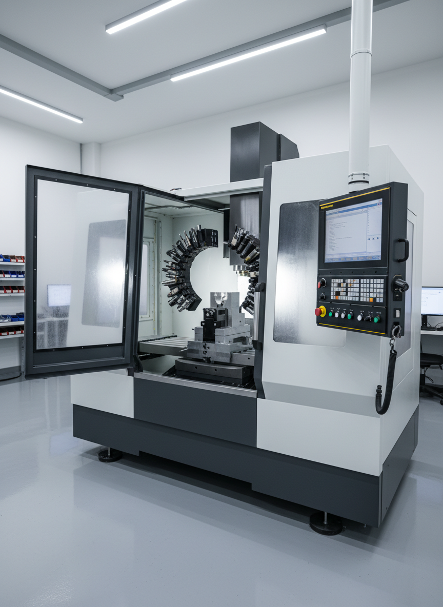 A high-precision 5-axis CNC machining center with its enclosure doors open, revealing a gleaming aluminum workpiece held in a robust vise and surrounded by neatly organized cutting tools in the tool carousel. The machine sits in a spotless, modern industrial workshop with smooth epoxy-coated floors and clean white walls. Cool, even overhead LED lighting creates crisp reflections on the metal surfaces, emphasizing accuracy and control. Captured at eye level with a slightly wide angle, the composition highlights the machine’s control panel and work area in sharp focus, with the background subtly softened. The mood is professional, efficient, and technologically advanced, rendered in photographic realism with a clean, modern aesthetic suitable for a high-end CNC programming service.